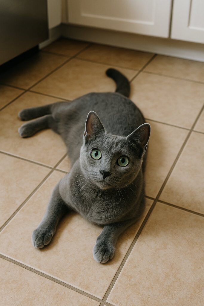 Russian Blue cat lying on a tiled kitchen floor, looking up attentively